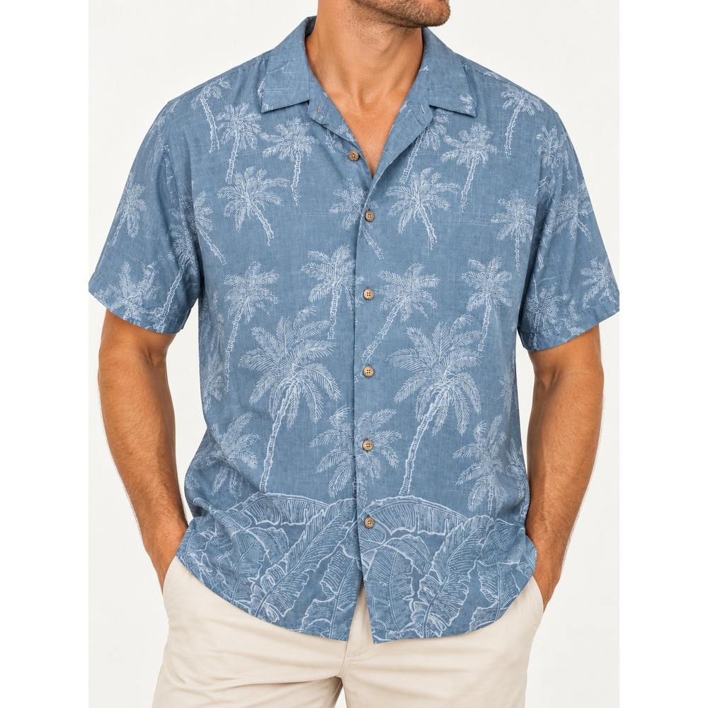 Boca Classics Hawaiian Shirt Mens Large Blue 100% Rayon Palm Tree Tropical Beach